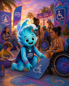 Unity Waves afbeelding van mascotte die aantoont dat het festival inclusief is.